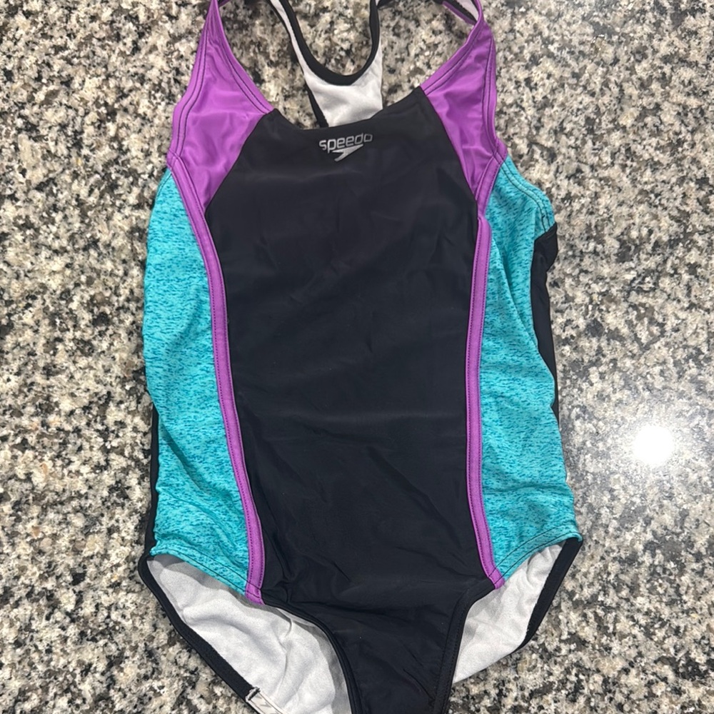Speedo Black and Teal Girl’s Swimsuit with Purple Accents